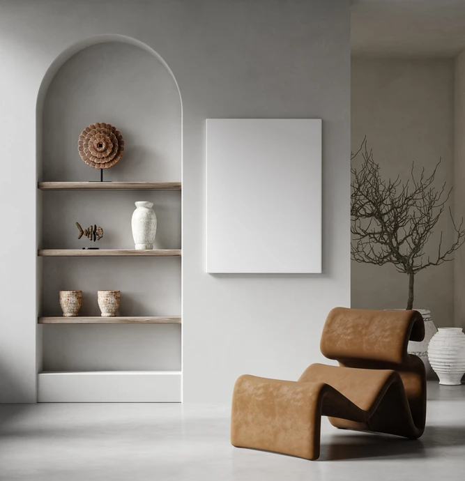 Tournage en toile sur fond intérieur minimaliste avec fauteuil et décor rustique, rendu 3d