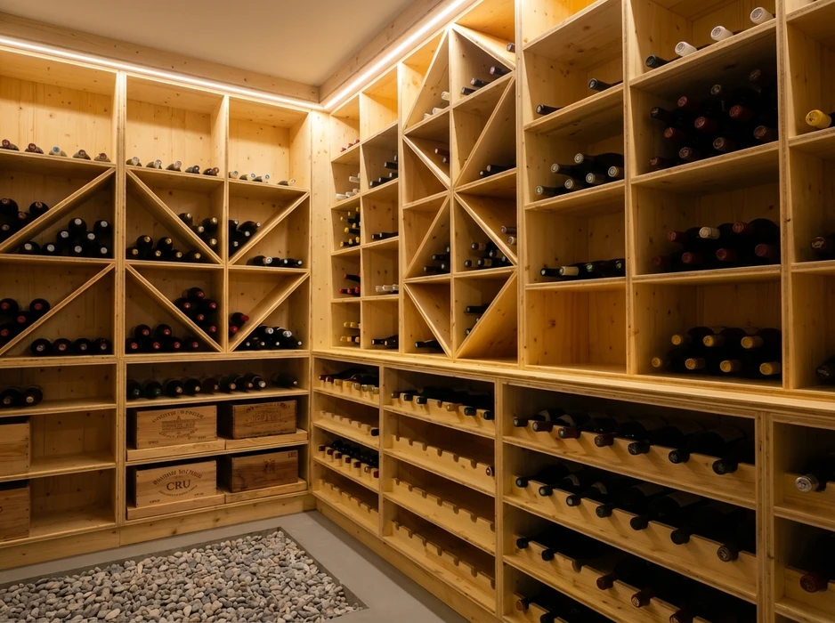 Intérieur résidentiel moderne, meuble bas sur-mesure en laque ivoire avec plateau en chêne naturel, intégré sous un escalier
