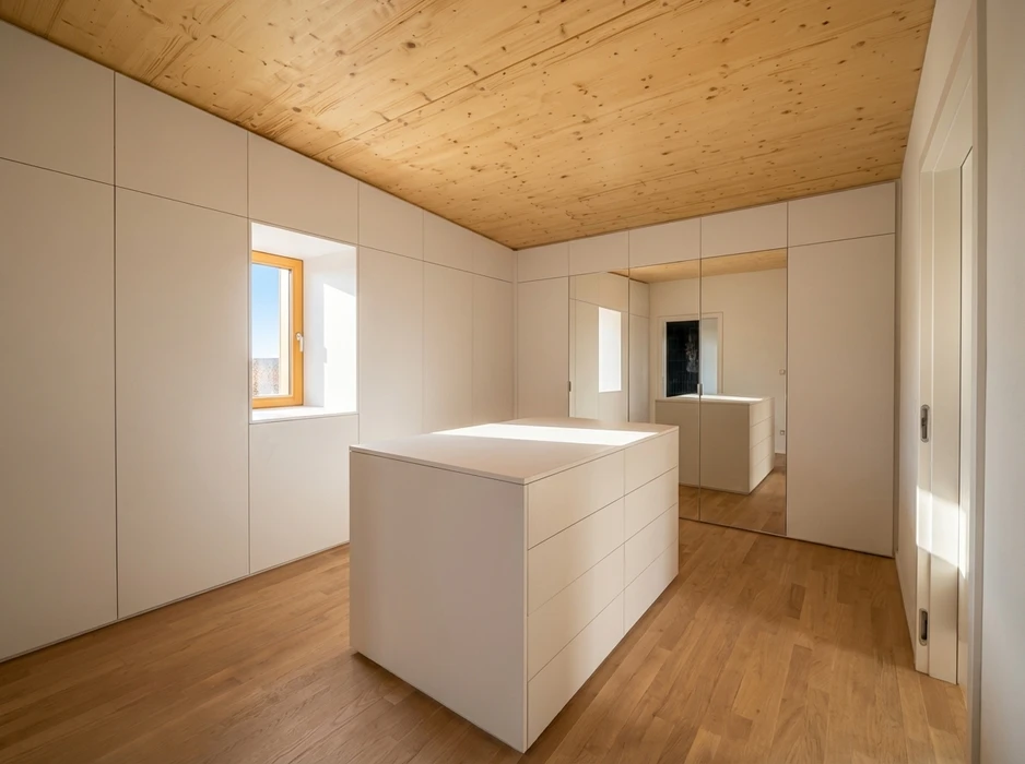 Intérieur résidentiel moderne, meuble bas sur-mesure en laque ivoire avec plateau en chêne naturel, intégré sous un escalier
