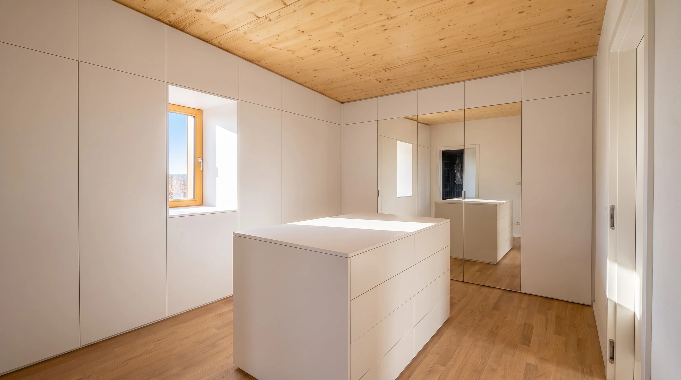 Cuisine moderne intégrée avec rangements pleine hauteur en façades blanc mat sans poignées, colonnes électroménager encastré (four double et micro-ondes), armoires supérieures à ouverture relevante, dressing walk-in avec éclairage LED intégré et étagères en bois naturel chêne