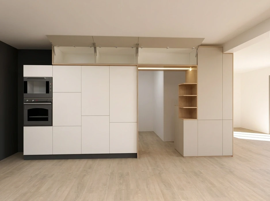 Cuisine aménagée en combles avec plan de travail vert olive en L, façades de meubles bas en stratifié imitation noyer, poignées noires