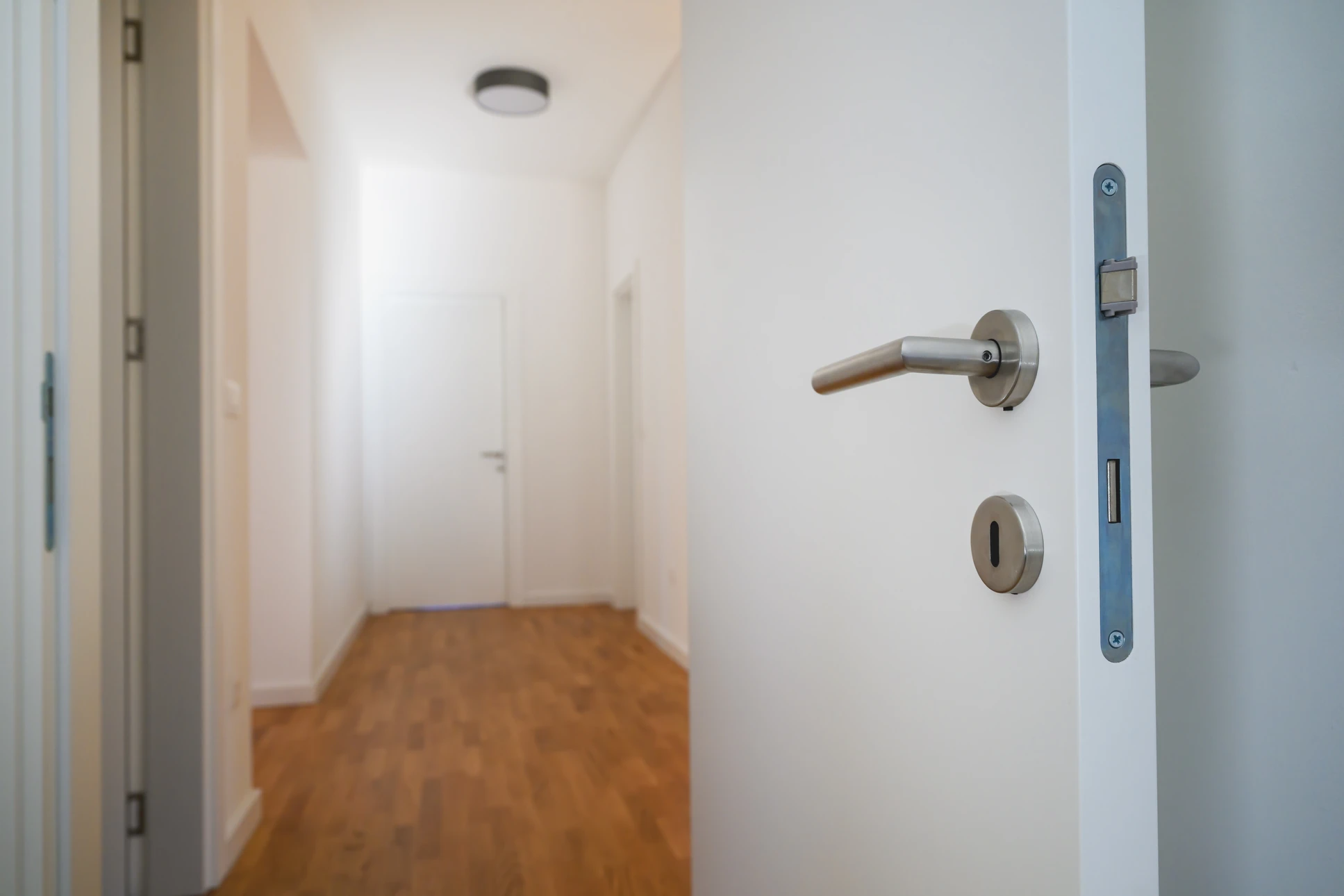 Intérieur résidentiel moderne avec couloir et trois portes en bois ouvertes donnant accès à différentes pièces : salle de bain carrelée, chambre et salon lumineux