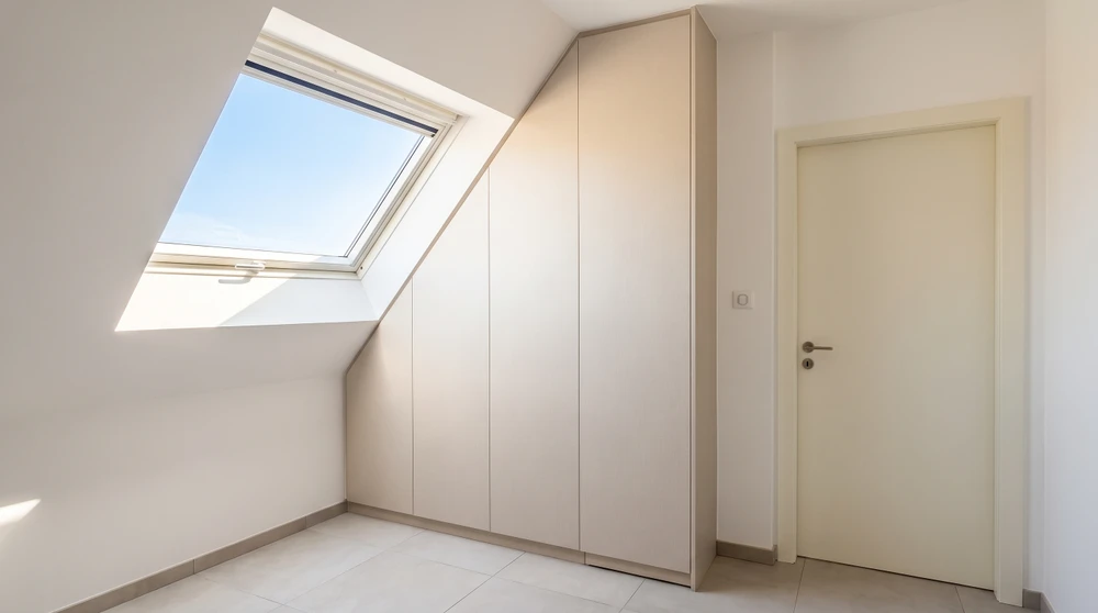Salon moderne avec bibliothèque sur mesure intégrée, finition laquée beige-taupe