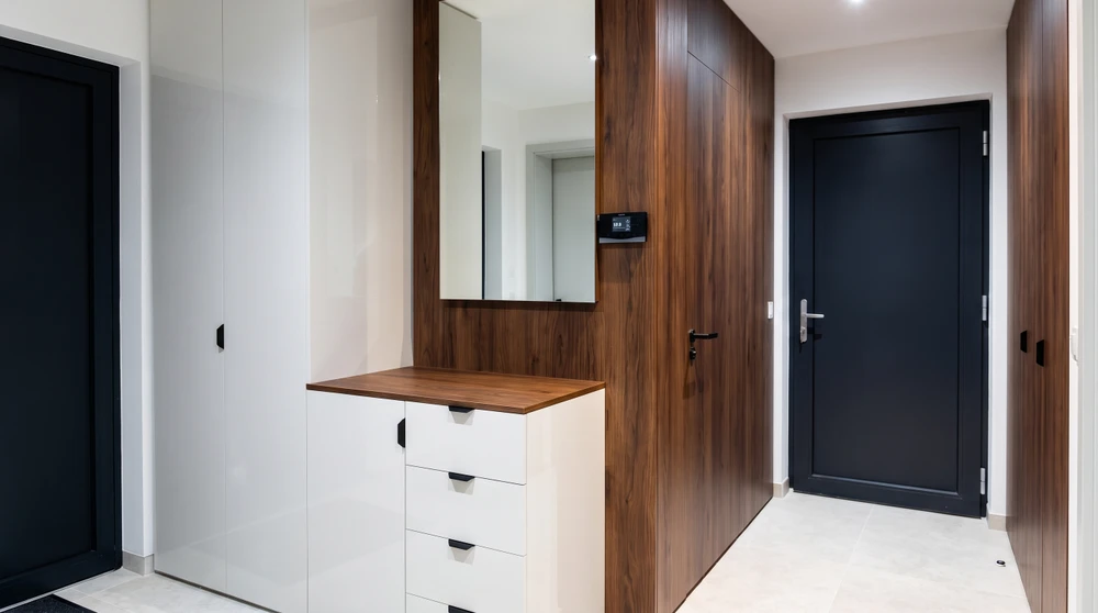 Salon moderne avec bibliothèque sur mesure intégrée, finition laquée beige-taupe