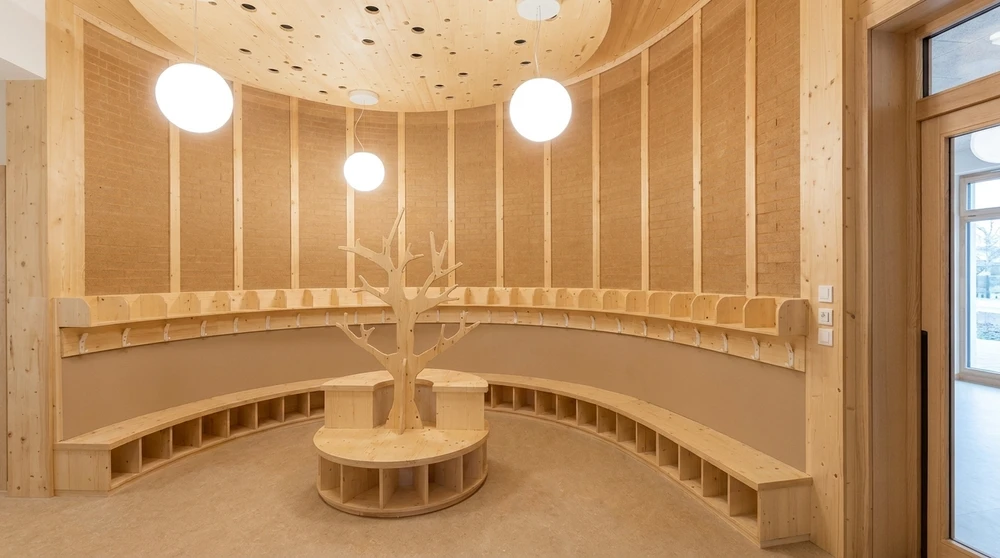 Salle d'attente moderne et lumineuse avec banquette basse intégrée en bois clair, coussins velours bleu céladon et cylindre lombaire