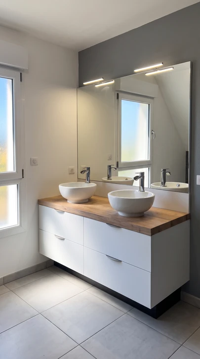 Salle de bain moderne avec baignoire îlot blanche, meuble vasque suspendu en bois et marbre blanc